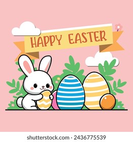 Banner of a very happy and friendly rabbit with colorful eggs to celebrate a happy Easter