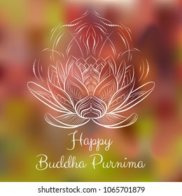 Banner for Vesak Day with Pink Lotus Flower on blurred background. Buddha Purnima celebration. Colorful unique design for greeting card, invitation, web, banner, poster. Vector illustration