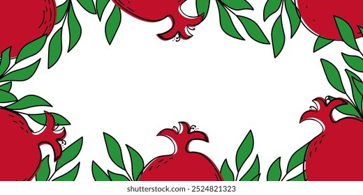 Banner with vibrant red pomegranate and green leaves isolated on a transparent background with place for text. Best for Pomegranate Festival, Rosh Hashanah, Persian New Year or Winter Solstice