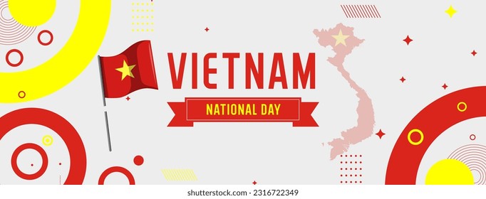 banner with vietnam flag colors theme background and abstract retro modern design. Multiple landscapes of vietnam. Celebration of independence day.