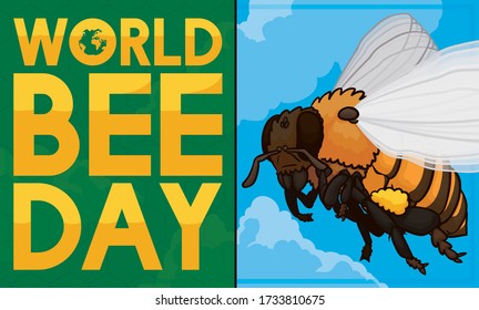 Banner with view of flying bee in the clear sky with clouds and greeting golden message for World Bee Day celebration.