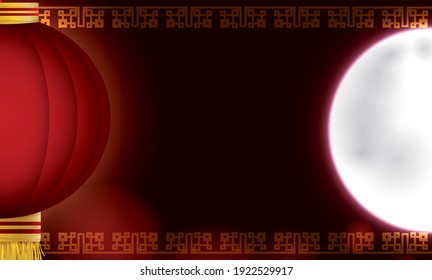 Banner with view of a traditional red Chinese lantern and Full Moon illuminating the dark night.