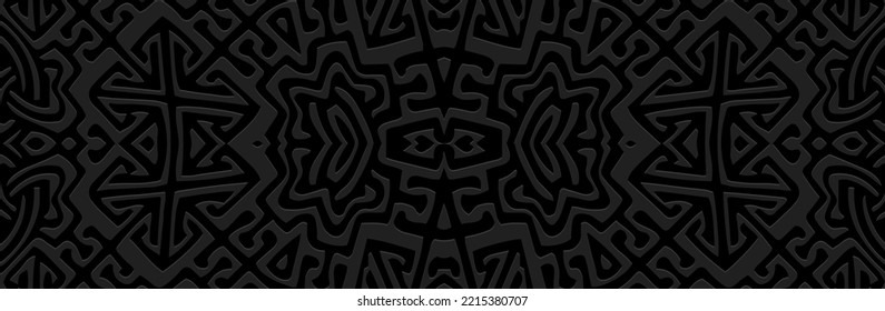 Banner, vintage cover design. Embossed geometric 3d pattern on black background, paper press, boho style with handmade elements. Tribal ethnicity, ornamental texture.