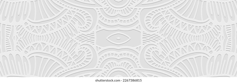 Banner, vintage cover design. Embossed geometric 3d pattern on a white background. Ornaments handmade East, Asia, India, Mexico, Aztecs, Peru. Ethnic boho motifs.