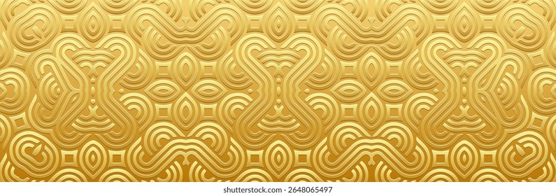 Banner, vintage cover design, wallpaper. Geometric ethnic gold pattern on gold background, embossing. 3D relief ornaments, arabesques, mandala, fresco, painting of the East, Asia, India, Mexico, Aztec