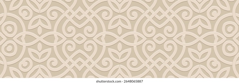 Banner, vintage cover design, wallpaper. Geometric ethnic pattern on beige background, embossing. 3D relief ornaments, arabesques, mandala, fresco, painting of the East, Asia, India, Mexico, Aztec.