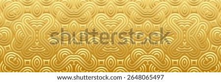 Banner, vintage cover design, wallpaper. Geometric ethnic gold pattern on gold background, embossing. 3D relief ornaments, arabesques, mandala, fresco, painting of the East, Asia, India, Mexico, Aztec