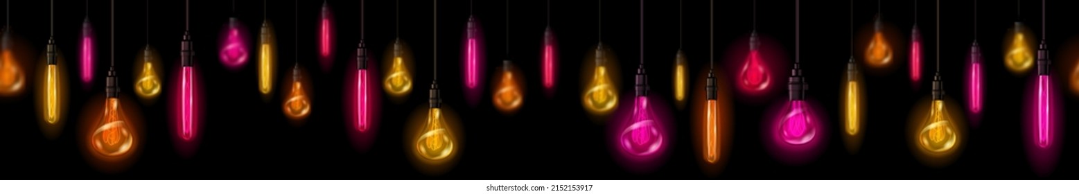 Banner with vintage incandescent lamps with orange and pink glow, hanging on electric wires on black background. Near lightbulb are in focus, distant are blurry. With seamless horizontal repetition