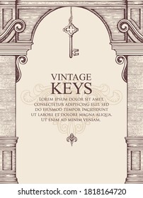 Banner with a vintage key, keyhole, medieval arch and place for text on a light background. Hand drawn vector illustration or retro style background