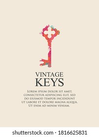 Banner with a vintage key and place for text. Vector illustration in retro style with an old key in the form of bright spots of paint on a light background