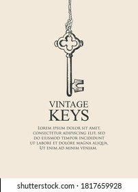 Banner with a vintage key and place for text on a light background. Vector illustration in retro style with a hand-drawn old key hanging on a string