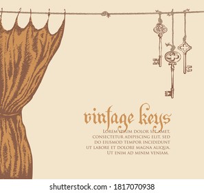 Banner with vintage keys, curtain and place for text on a light background. Vector illustration in retro style with hand-drawn old keys and golden portiere hanging on a rope