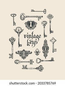 Banner with vintage keys and keyholes. Vector illustration or background in retro style