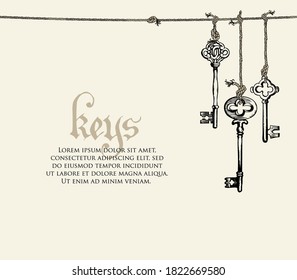 Banner with a vintage keys and place for text on a light background. Vector illustration in retro style with a hand-drawn old keys hanging on a rope