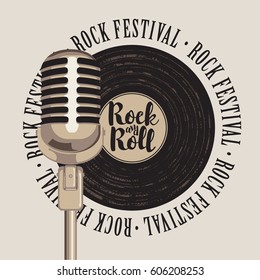 banner con un disco de vinilo, micrófono, inscripción rock-n-roll y las palabras festival de rock, escrito alrededor