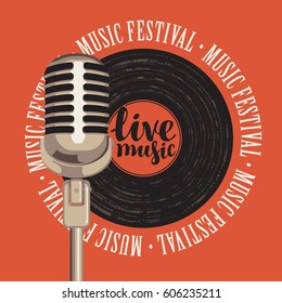 banner with a vinyl record, microphone, inscription live music and the words music festival, written around