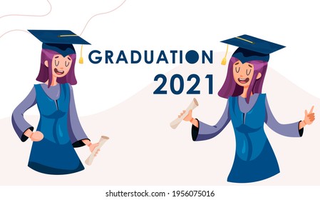 banner virtual graduation ceremony. graduates in mortarboard and gown