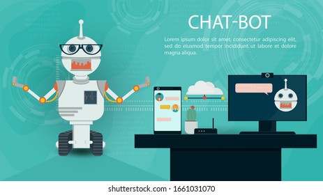 Banner, Virtual Help Chatbot, between computer and phone For Website Or Mobile Apps, Artificial Intelligence Concept, Flat Vector Illustration for design