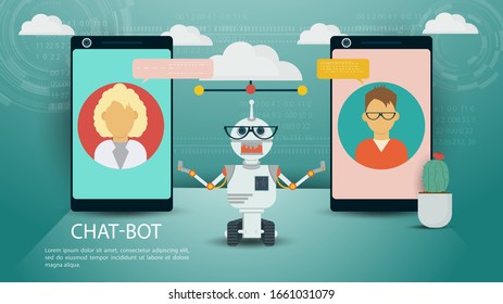 Banner, Virtual Help Chatbot, between two phones, for Website Or Mobile Apps, Artificial Intelligence Concept, Flat Vector Illustration for design