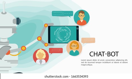 Cartel, Virtual Help Chatbot, sosteniendo un teléfono con los usuarios en una mano mecánica , For a Website or Mobile Applications, Artificial Intelligence Concept, Flat Vector Illustration