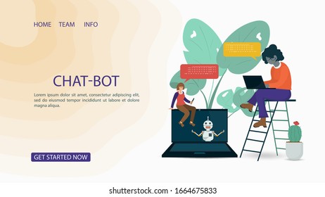 Banner, Virtual Help Chatbot, two girls chatting with a robot , For Website Or Mobile Apps, Artificial Intelligence Concept, Flat Vector Illustration