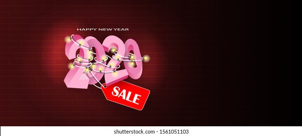 Banner with volumetric figures 2020 with a garland on the background of a brick wall. Vector banner