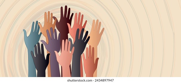 Banner with volunteer people with raised hands. Diversity Equality Inclusion. Charitable donation. Support and assistance. Multicultural community. NGO. Aid. Help. Volunteerism. Teamwork