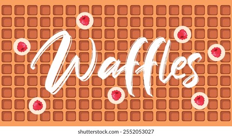 Banner with waffles. Banner for cafe with sweet waffles and raspberries.