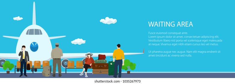 Banner of Waiting Room with People, View on Airplane through the Window from a Waiting Room at the Airport , Passenger Air Transportation, Flat Design, Vector Illustration