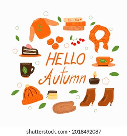A banner with warm clothes and hot drinks and the inscription hello autumn.