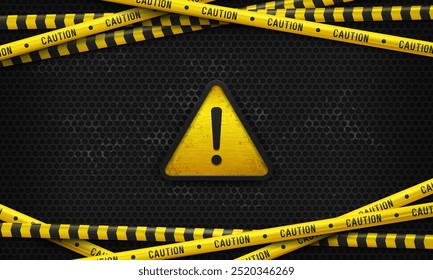 Banner with warning sign and yellow caution tapes. Security line on black background. Crime scene barrier tape. Vector illustration.