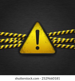 Banner with warning sign and yellow caution tapes. Security line on black background. Crime scene barrier tape. Vector illustration.