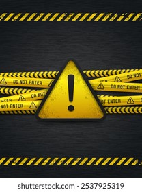 Banner with warning sign and yellow caution tapes. Security line on black background. Crime scene barrier tape. Vector illustration.