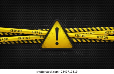 Banner with warning sign and yellow caution tapes. Security line on black background. Crime scene barrier tape. Vector illustration.