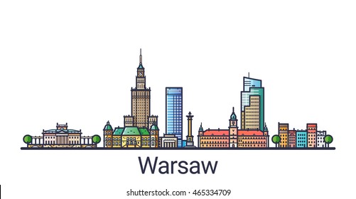 Banner of Warsaw city skyline in flat line trendy style. Warsaw city line art. All buildings separated and customizable.