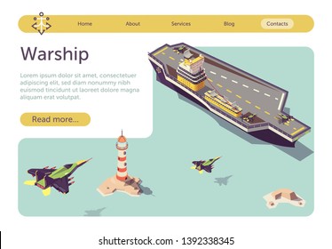 Banner with Warship Floating in Sea and Military Jets Flying to Land on Ship Platform. Isometric Battleship Model and War Transport. Navy Vessel and Air Jet-Propelled Airplane. Vector 3d Illustration