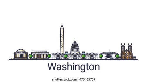 Banner of Washington D.C. skyline in flat line trendy style. Washington city line art. All buildings separated and customizable.