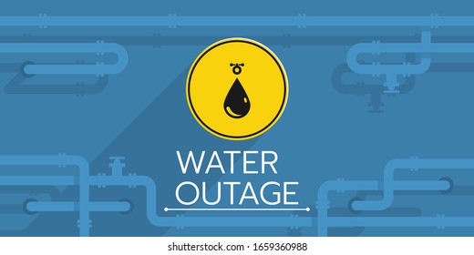 The banner of a water outage has a yellow round sign with a drop symbol, also there is a pipeline. the sign and pipeline are on the solid blue background.