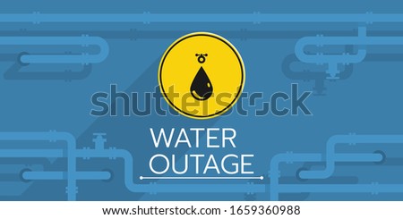 The banner of a water outage has a yellow round sign with a drop symbol, also there is a pipeline. the sign and pipeline are on the solid blue background.