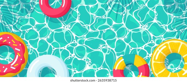 Ein Banner mit einem Wasseroberflächemuster mit Schwimmkreisen und Reflexionen von Palmblättern. Schwimmbad-Party. Bunte aufblasbare Kreise auf dem wirbelnden Wasser. Illustrated clipart.Hand zeichnen keine Luft.