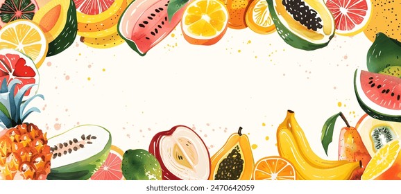 Anuncio con frutas de acuarela y espacio para texto. Mezcla de frutas, marco. Ilustración vectorial para el diseño de carteles, volantes, paquetes y otros Materiales promocionales