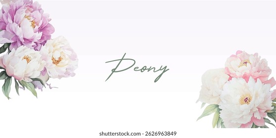 Banner with watercolor peonies. Vintage banner with pink and white peony flowers. Template for creating romantic and wedding designs. Watercolor floral arrangements.