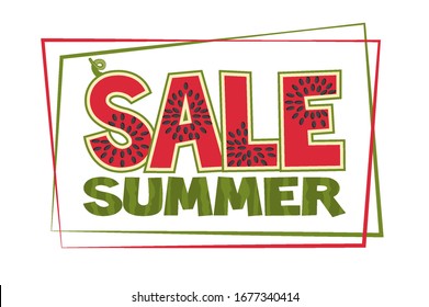 Banner with a watermelon inscription summer sale. Flyer or card for shops.