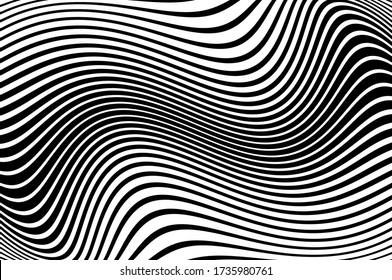 Banner with wavy, curves lines. Optical art background. Wave design black and white. Vector illustration. Digital image with a psychedelic stripes.