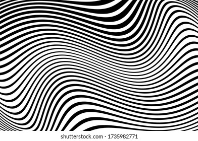Banner mit gewellten, kurven Linien. Hintergrund für optische Kunst. Wave Design schwarz-weiß. Vector-Abbildung. Digitales Bild mit psychedelischen Streifen.