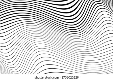 Banner with wavy, curves lines. Optical art background. Wave design black and white. Vector illustration. Digital image with a psychedelic stripes.