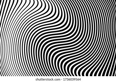 Banner with wavy, curves lines. Optical art background. Wave design black and white. Vector illustration. Digital image with a psychedelic stripes.