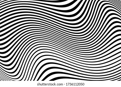 Banner with wavy, curves lines. Optical art background. Wave design black and white. Vector illustration. Digital image with a psychedelic stripes.