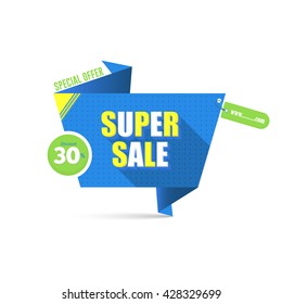 Banner, Web Ad, Card Design, Horizontal Header. Super Sale Concept Origami Banner Template