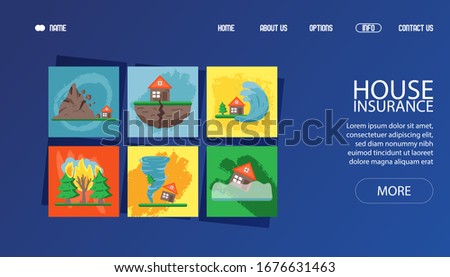 Banner for web cataclysm, bad weather, hurricane wind, flood, thunderstorm and torrential rain vector illustration. Contact us, about us, home, option button. Web site design template, disaster.